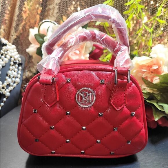 NWT Badgley Mischka Dome Studded & Quilted Convertible Top Handle Bag in Red - Picture 6 of 11